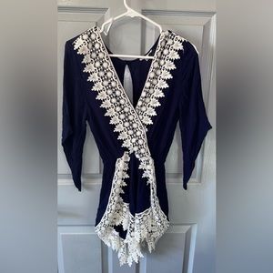 A’Gaci Romper Womens Medium Navy Blue Deep V Beach Summer Shorts Crochet